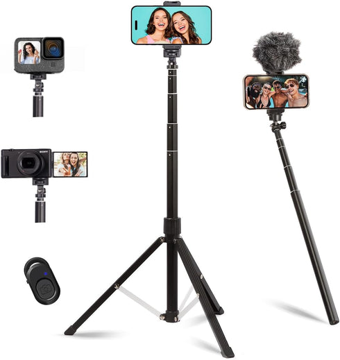 Phone Tripod, 63-inch Selfie Stick Tripod Compatible with iPhone/Camera/GoPro/Webcam, Lightweight Travel Phone Tripod with Phone Holder Mount/Wire...