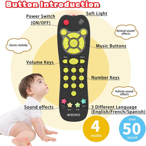 Baby Remote Control Toy, Realistic Toddler TV Remote Toy with Light Sound Kid Learning Education Musical Toys with English French Spanish Infant G...