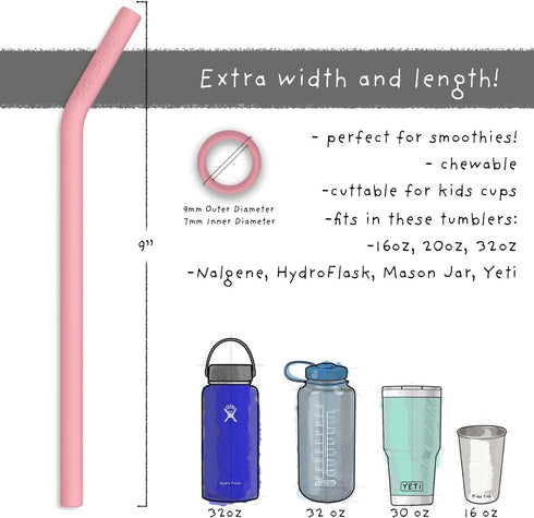 Reusable Silicone Drinking Straws - Big Size with Curved Bend for Tumblers Made from BPA Free No-Rubber Silicon - Flexible, Collapsible, Chewy, Be...