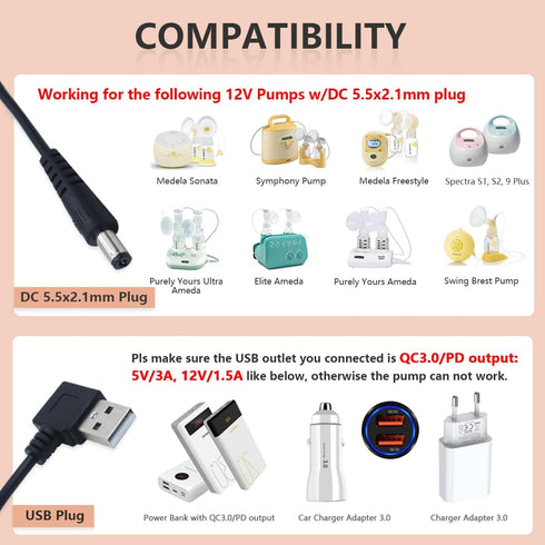 12 Volt USB Car Adapter for Medela Sonata, Ameda Purely Yours 12V, Spectra S1 S2 and Lactina Hygeia EnJoye Breast Pump Replaces Part?Easy to Carry...