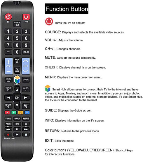 Gvirtue BN59-01178W Universal Replacement Remote Control Fit for Samsung LCD LED HDTV 3D 4K Smart TV, Sub 5 Series 6 Series Samsung TV Remote BN59...