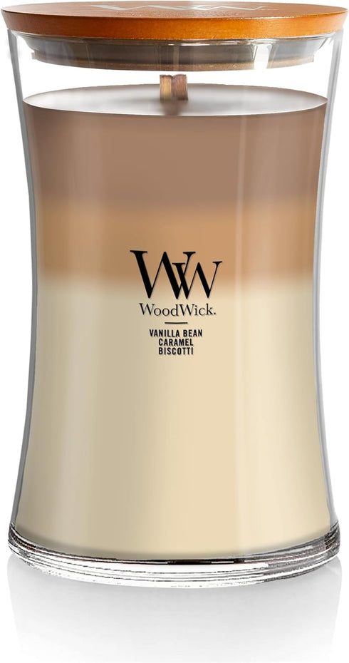 WoodWick Large Hourglass Trilogy Candle, Café Sweets Scented, Premiums Soy Wax Blend, Crackles as it Burns, 21oz...