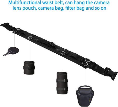 Powerextra Multifunction Outdoor Photography Adjustable Waist Strap Belt with D-rings for Hanging Tripod Lightweight Camera Bag Lens Pouch Flash B...
