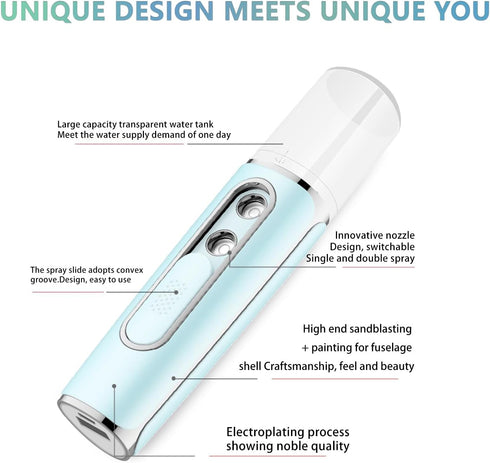 Nano Facial Mister, Cool Mist Face Steamer with 2 Spray Nozzle, USB Rechargeable, Visual Water Tank, Nano Mister for Eyelash Extensions, Skin Care...