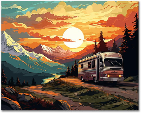 DIY Bus Paint by Number for Adult, Sunset in the Mountains Paint by Numbers, Nature Landscape Adult Paint by Numbers Kits on Canvas, 16X20 Inch Su...