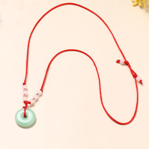 Green Jade Buddha Circle Red String Pendant Necklace - Chinese Traditional Amulet for Luck and Protection...