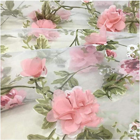 Tong Gu Lace Fabric Organza 3D Pink Chiffon Rose Floral Embroidery Wide 55 in (Length 1 m/39 in)...