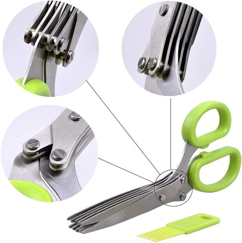 Herbal Scissors Stainless Steel 5 Blade Kitchen Scissors Mince Fresh Herbs & Leafy Greens Kitchen Gadgets Herb Cutter whit Cleaning Comb (Green)...