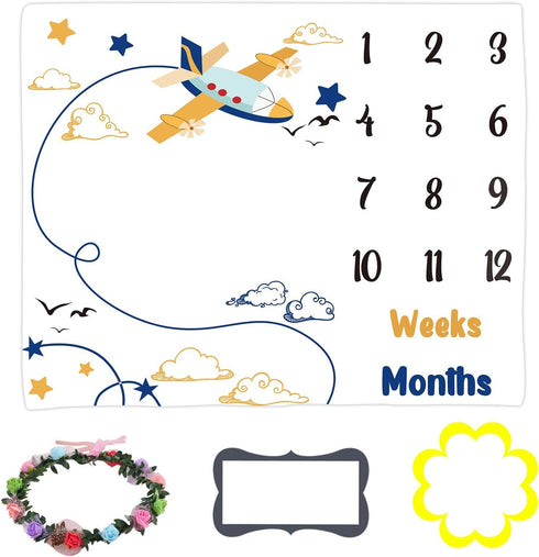 Baby Memory Blanket, Airplane Sky Pilot Baby Age Blanket Monthly Baby Blanket Milestone Blanket Swaddle Blanket, 48x40 Inch Baby Growth Chart Phot...