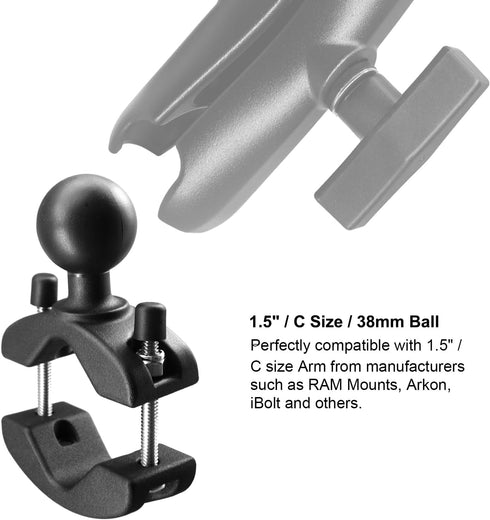 Aluminum Grab Bar Clamp Mount Base with 1.5'' Ball for Rails 1.18'' to 2'' in Diameter, Compatible with RAM Mounts C Size 1.5 Inch Ball Double Soc...