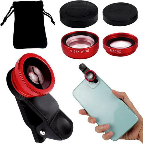 3 in 1 Phone Camera Lens Kit Camera Lens with Clip Fisheye Lens Wide Angle Lens and Macro Lens for Smartphones iPhone, Andorid (Red)...