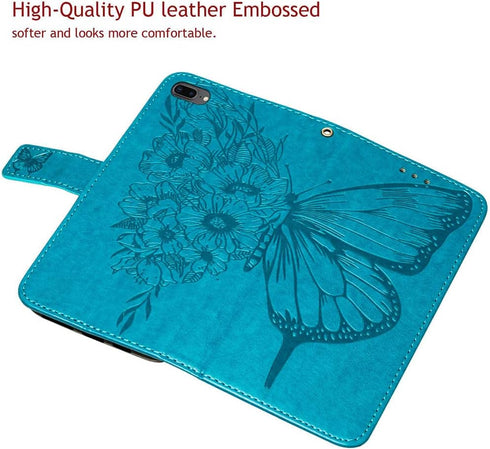 for iPhone 7/8 Plus Wallet Case, 6/6S Plus Case, Butterfly Floral Embossed, Wrist Strap, Card Holder Slots,Stand Leather Protective Flip Cover (Bl...