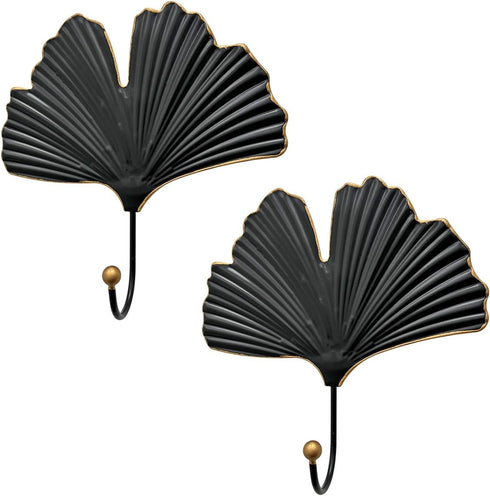 Iron Single Hooks Modern Leaf Decoration Style for Room Wall Mounted Decoration, Coats, Hats, Handbags Scarves Hanging, Home Decor 2pcs (6in Black...