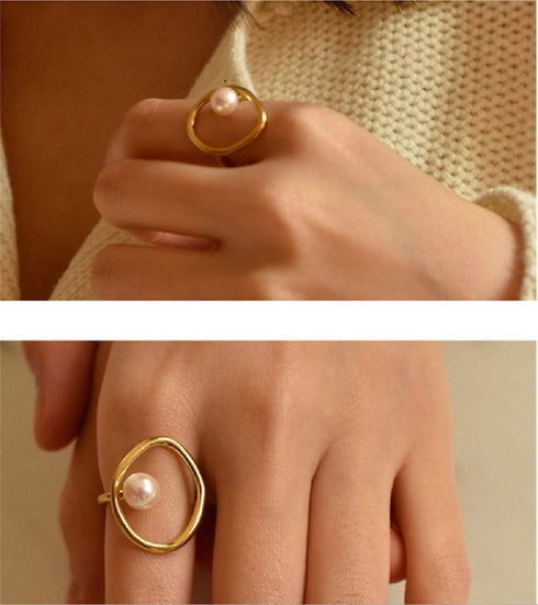 Opening 18K Gold Plated Stackable Bands Ring for Women, Eternity Ring with Shell Pearl, Cubic Zirconia engagement rings vintage gold ring pearl we...