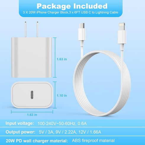 20W USB C Fast Charger, 3-Pack Type C Wall Charger Block with 6FT Long Type C Lightning Cable, Compatible with iPhone 14 13 12 11 XS XR X 8 iPad (...