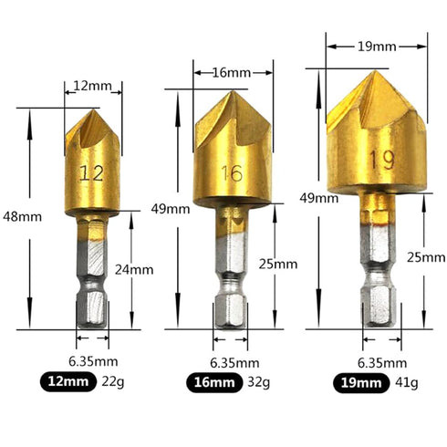 6Pcs HSS Hex Countersink Drill Bit Set 5 Flute 82 Degree Carbon Steel Chamfer Cutter Center Punch Tool Sets for Wood Quick Change Bit,deburring, b...