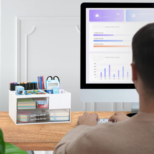 LETURE Office Desk Organizer with 2 Drawers and 4 Compartments, Plastic Desktop Stationary Organizer Storage, Pen/Pencil/Business Card/Sticky Note...