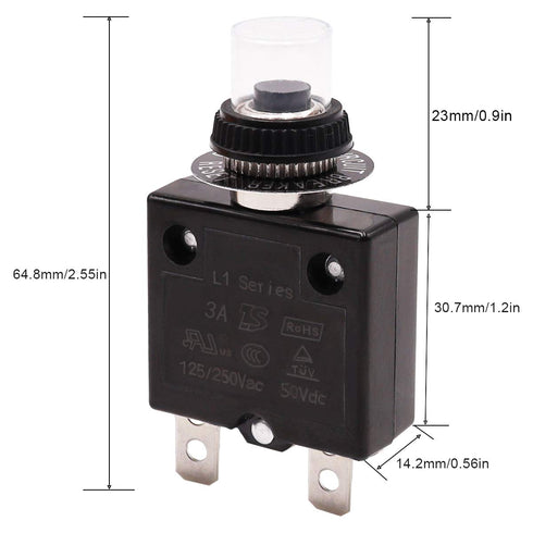 Tnisesm 3A Push Button Circuit Breaker 125/250V AC 50V DC, L1 Series Manual Reset Thermal Circuit Breaker with 19cm Wire Leads, 6.3mm Female Spade...