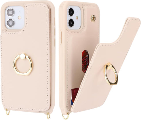 for iPhone 11 Phone Case with Card Holder and Strap for Women,Crossbody Lanyard,Kickstand Ring Stand,Snap Clasp,Phone Wallet Cases 6.1 inch(Beige)...