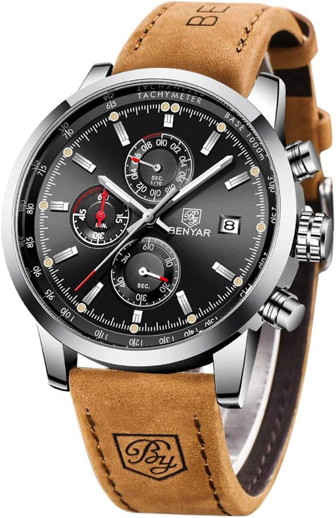 BENYAR - Stylish Wrist Watch for Men, Genuine Leather Strap Watches, Perfect Quartz Movement, Waterproof and Scratch Resistant, Analog Chronograph...