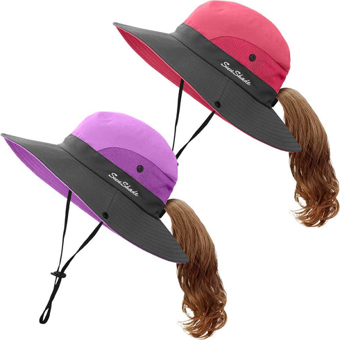 IYEBRAO 2 Pieces Kids Sun Hat with Ponytail Hole UPF 50 Summer Cap for Girls Beach ? Fishing...