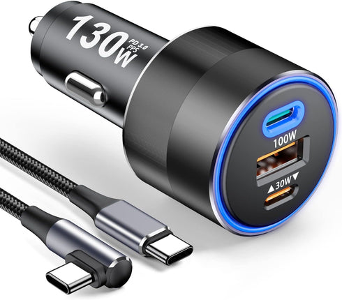 130W USB C Car Fast Charger with 100W Cable,PD 100W PPS 45W QC5 30W Cigarette Lighter Type C Charger for iPad Pro MacBook Pro Air Laptop iPhone 15...
