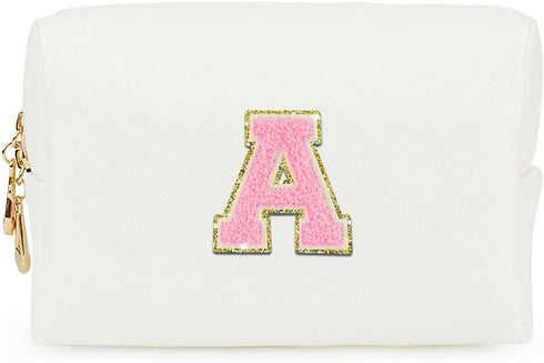 Personalized Initial Letter Makeup Bag,Preppy Patch Makeup Bag,PU Waterproof Travel Toiletry Bag,Chenille Letter Cosmetic Bag,Toiletry Zipper Pouc...