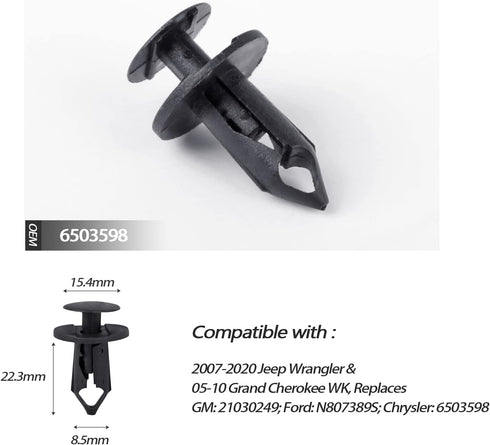 120 Pcs Fastener Rivets Replace 6503598 Compatible with 2007-2020 Jeep Wrangler JK JL & Unlimited Grill Grille Bumper Body Plastic Retainer Clips...