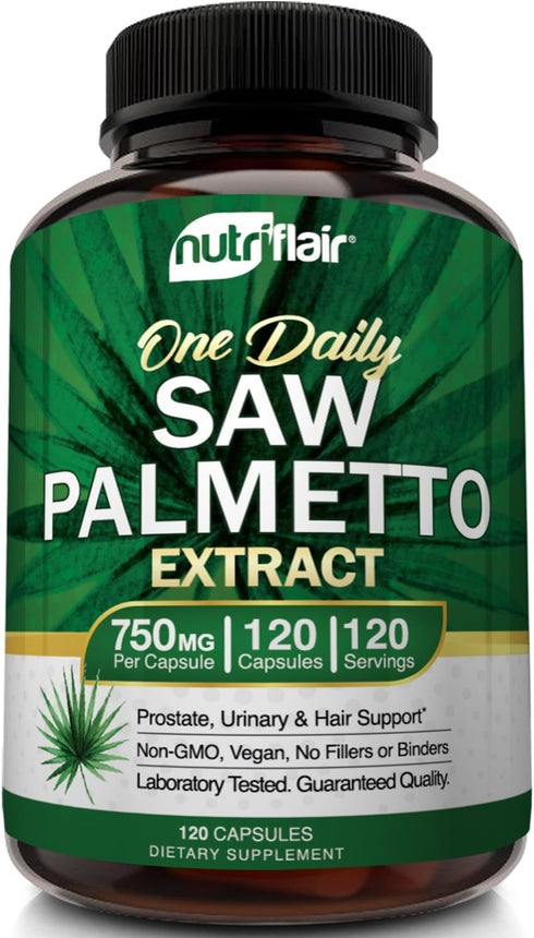 NutriFlair Saw Palmetto Extract 750mg, 120 Capsules - Natural Prostate Supplement & Berry Health Support - Helps Block DHT to Prevent Hair Loss an...