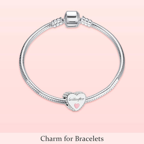 Goddaughter Heart Charms 925 Sterling Silver Bead with Pink Enamel for Bracelets...
