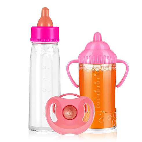 SCOM Magic Juice and Milk Nursing Bottle with Pacifier for Baby Doll Accessories, 3 Piece Pretend Play Feeding Toy Set for Age 4+ (PINK)...