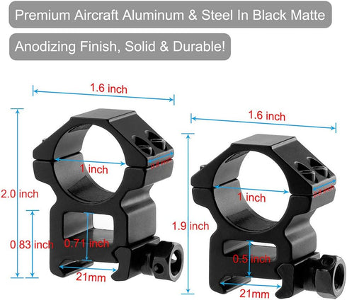 1'' Scope Rings, 2Pcs High Profile or 2Pcs Medium Profile 1 Inch Scope Mount Rings for Picatinny Rail...