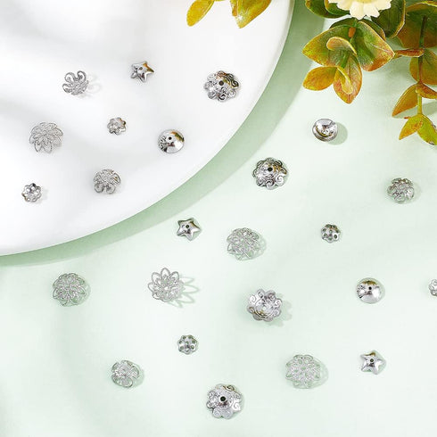 PH PandaHall 180pcs 304 Stainless Steel Bead Cap 6 Styles Muiti-Petal Round Filigree Flower Cup Shape Bead Spacer Beads for Earring Bracelet Neckl...
