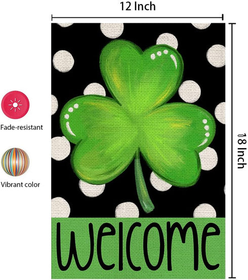 CROWNED BEAUTY St Patricks Day Shamrock Garden Flag 12×18 Inch Double Sided Green Clover Small Burlap Welcome Polka Dots Holiday Yard Flag for Out...