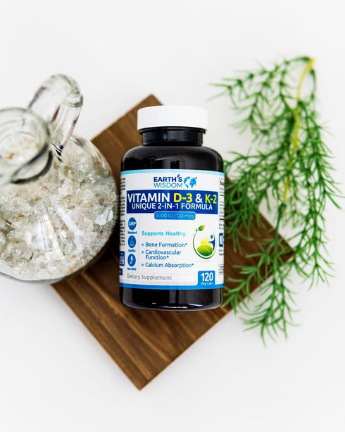 Earth's Wisdom Vitamin D3 5000 IU with K2 (MK7) Formula. Muscle, Bone, Heart & Immune Support. Superior Absorption. 120 Capsules. Free from Gluten...