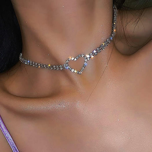 CLOACE Rhinestone Choker Necklaces Silver Heart Necklace Sparkly Tennis Chain Party Prom Neck Jewelry for Women...