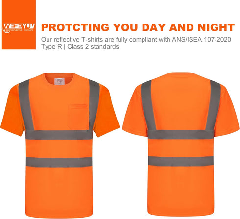 High Visibility Shirts Quick Dry Safety T Shirts with 4 Reflective Strips and Pocket Short Sleeve Mesh Hi Vis Construction Work Class 2 Shirt for ...