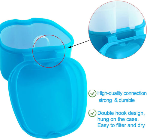 2 Pack Denture Case Dental Mouthguard Case, Denture Bath Box Cleaning with Brush, Strainer Basket and Lid Waterproof - Purple and Blue...