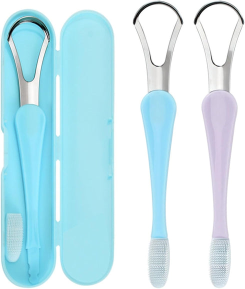 Tongue Scraper & Tongue Brush Set,Tongue Cleaner with Travel Case for Adults & Kids,Oral Care Hygiene Essentials (2pcs,Blue+Purple)...