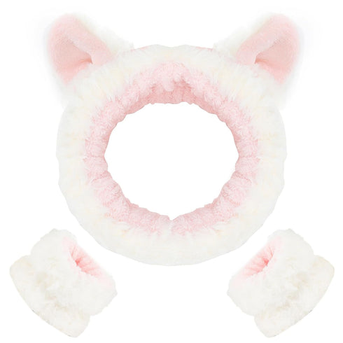 WHAVEL 3PCS Spa Headband and Wristband Set, Cute Cat Ears Headband for Washing Face Makeup Headband Face Wash Headband Wrist Bands(White 02)...