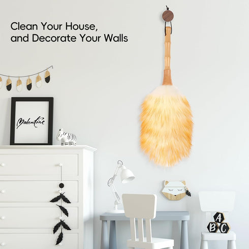 Feather Duster, Lambswool Duster for Cleaning,with Solid Wooden Handle,Leather Hang Strap,Anti-Static 14.9 inchs Washable Reusable Small Hand Dust...