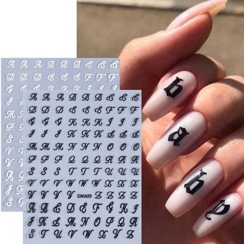 8 Sheets Retro English Letters Nail Stickers for Nail Art - Black White Gold Silver Retro English Nail Art Decals 3D Self-Adhesive Letter Nail Sti...