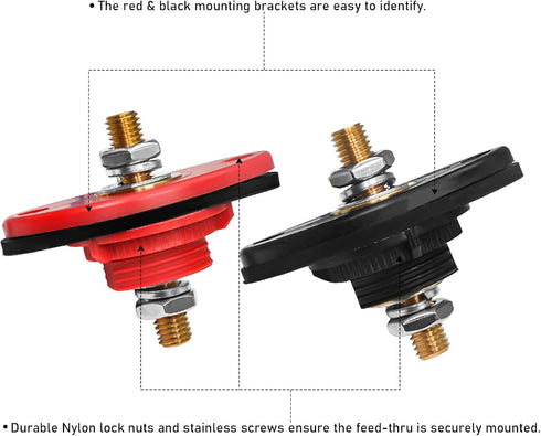 Recoil BTTP-38 Premium High Current 3/8” Feed-Thru Panel Battery Terminal Connectors with Silicone Terminal Covers, Red & Black Pair...