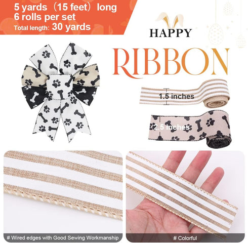3 Rolls 1.5'' and 2.5'' Doggy Paw Print & Dog Ribbon(30 Yards), Lover Wired Edge Linen Ribbon,Stripes , Polka Dots Ribbons for Floral Arrangements...