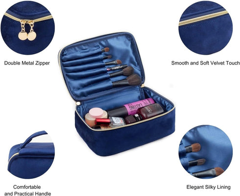 KOPY Velvet Makeup Bag for Women, Large and Classy Makeup Organizer, Make Up Travel Toiletry Bag Portable With Handle (Navy)...