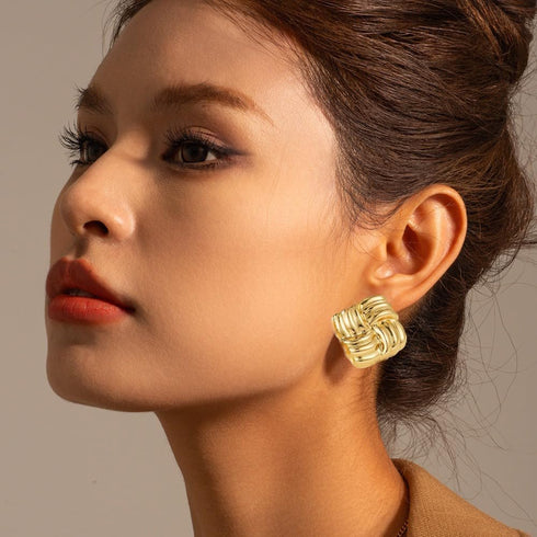 Gold Statement Earrings for Women?Gold Chunky Hollow Square Geometric Textured Trendy Vintage Stud Earrings...