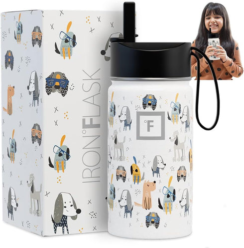IRON °FLASK Kids Water Bottle - Straw Lid, 20 Name Stickers, Vacuum Insulated Stainless Steel, Double Walled Tumbler Travel Cup, Thermos Mug - Pup...