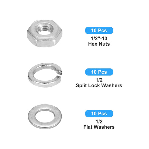 Hex Nuts Assortment Kit (1/2"-13 Hex Nuts with 1/2 Flat Washers & Split Lock Washers) 30Pcs, 304 Stainless Steel Hexagon Nut Hardware Kit...