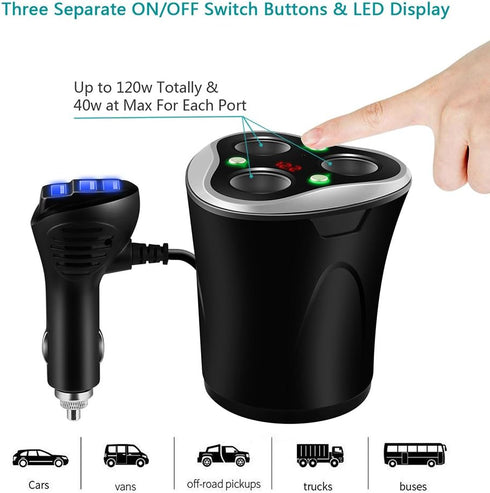 3 Socket Cigarette Lighter Splitter Power Adapter + 3 USB Car Charger 120W 12V/24V DC Outlet with Volt Meter, On/Off Switch for Cell Phone GPS Das...