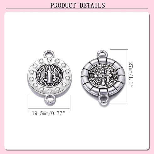 20pcs Antique Silver Rhinestone Religious Wear Saint Benedict Medallion Bracelet Connector Round Link Beads Jewelry Making Charms for DIY Necklace...